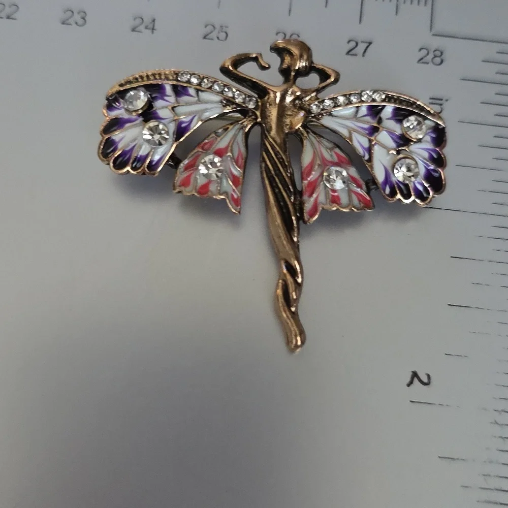 Fairy Brooch Beautiful WINGS Antique Gold Enamel Colors Necklace Combo